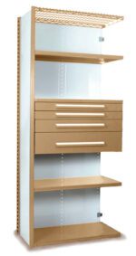 Tall shelving unit with a beige frame, featuring four open shelves, a grid-patterned metal top shelf, and four central drawers. The back panel is light blue.