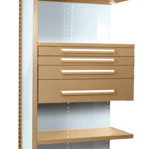 Tall shelving unit with a beige frame, featuring four open shelves, a grid-patterned metal top shelf, and four central drawers. The back panel is light blue.