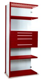 A tall, red and white shelving unit with five shelves and two red drawers in the middle. The top is a red wire mesh. The unit is designed for storage and organization.