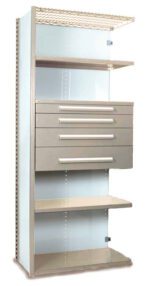 A tall metal shelving unit with a wire top shelf, three regular shelves, and a section with four closed drawers in the middle. The unit is a light beige color.