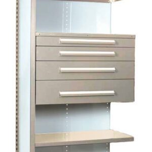 A tall metal shelving unit with a wire top shelf, three regular shelves, and a section with four closed drawers in the middle. The unit is a light beige color.