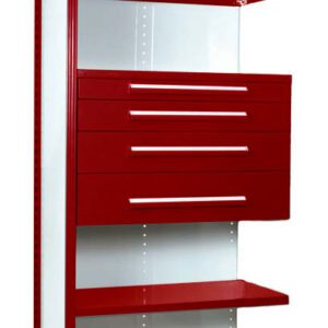 Tall, red shelving unit with several shelves and three drawers. The unit has a metal mesh top shelf and a mix of open shelves and closed drawers, providing varied storage options.