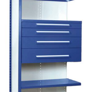 Tall metal storage unit with a blue and white finish. Features two open shelves at the top and bottom, with four blue drawers in the middle. The top shelf has a blue metal grid design.