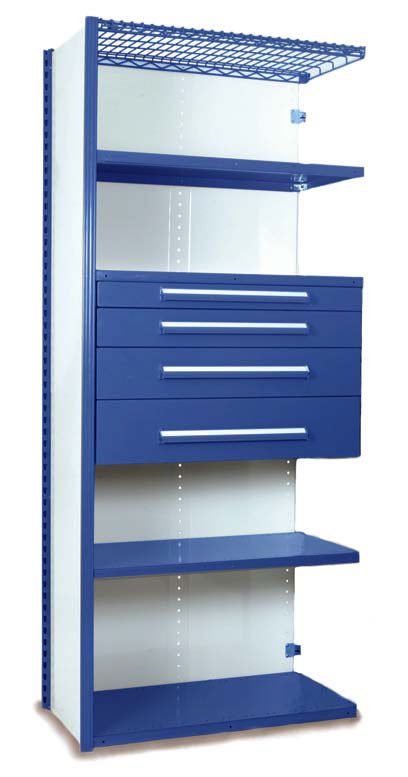 Closed20Preconfigured20Add20On20Unit202204202206_REGAL20BLUE.jpg Tall metal storage unit with a blue and white finish. Features two open shelves at the top and bottom, with four blue drawers in the middle. The top shelf has a blue metal grid design.
