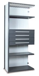 A tall metal shelving unit with a wire top shelf, three middle shelves, and four wide drawers in the center, all in gray and white.