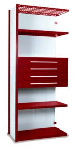 Tall red and white shelving unit with multiple shelves and several drawers in the middle. The top shelf has a red grid structure. The unit is standing alone against a white background.