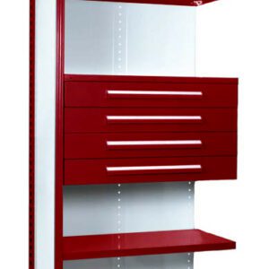 Tall red and white shelving unit with multiple shelves and several drawers in the middle. The top shelf has a red grid structure. The unit is standing alone against a white background.