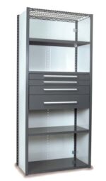 Metal storage cabinet with a mesh top, featuring multiple shelves and four drawers with sleek handles in the middle section, standing on a white background.