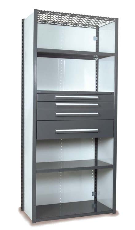 Closed20Preconfigured20Starter202203201204201207_OFFICE20GRAY.jpg Metal storage cabinet with a mesh top, featuring multiple shelves and four drawers with sleek handles in the middle section, standing on a white background.