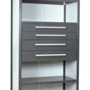 A tall metal shelving unit with a wire mesh top, three wide drawers in the middle, and three open shelves. The frame is grey with a modern design.