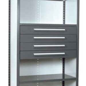A tall, open shelving unit with a metal frame, three shelves, and three horizontally aligned drawers. The top has a wire mesh surface. The drawers are gray with sleek handles.