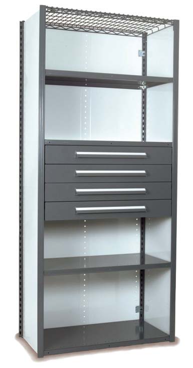 Closed20Preconfigured20Starter204204_OFFICE20GRAY.jpg A tall, open shelving unit with a metal frame, three shelves, and three horizontally aligned drawers. The top has a wire mesh surface. The drawers are gray with sleek handles.