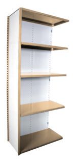 A tall, beige shelving unit with five adjustable shelves and a white side panel. The shelves are evenly spaced and the unit is empty, suitable for organizing or displaying items.
