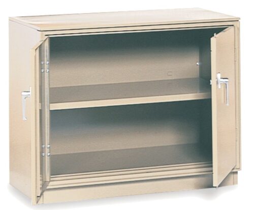 A beige metal cabinet with two shelves and open hinged doors. The cabinet has metal handles and a simple, industrial design. It is empty and placed against a plain white background.