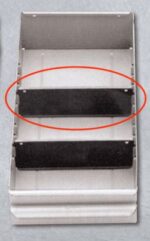 A metal structure with two horizontal black panels surrounded by a red oval, mounted on a flat surface. The background is a light grey.