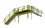 A digital rendering of an industrial yellow metal platform with stairs on both sides. The platform has safety railings and grated steps, designed for accessing elevated areas in a workplace or facility.