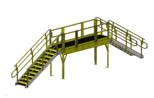 A digital rendering of an industrial yellow metal platform with stairs on both sides. The platform has safety railings and grated steps, designed for accessing elevated areas in a workplace or facility.