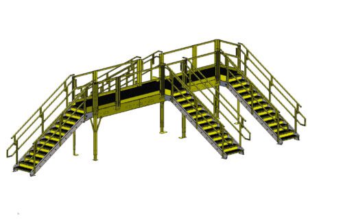 3D illustration of a metal staircase with yellow railings and steps. The structure has two sets of stairs leading up to a central platform, with railings on each side for safety.