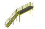 Illustration of a yellow metal staircase leading to an elevated platform with safety railings. The platform and stair steps have non-slip surfaces, and the structure is shown on a white background.