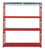 A red metal storage rack with three sturdy shelves and a grid-patterned top shelf. The rack stands on a white background, featuring open sides and a simple industrial design.