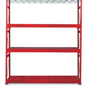 A red metal storage rack with three sturdy shelves and a grid-patterned top shelf. The rack stands on a white background, featuring open sides and a simple industrial design.