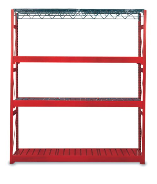 A red metal storage rack with three sturdy shelves and a grid-patterned top shelf. The rack stands on a white background, featuring open sides and a simple industrial design.