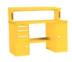 A bright yellow metal desk featuring an Equipto Shelving-inspired raised back shelf, three drawers on the left, a cabinet on the right, and an open shelf underneath. The design is both functional and industrial.