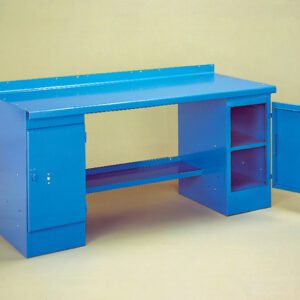 A blue metal workbench with a flat tabletop and storage spaces. It features a door on the left and open shelving on the right. The backdrop is a plain beige color.