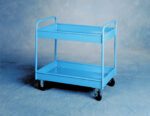 A blue metal utility cart with two shelves and four black caster wheels, positioned against a textured blue background. The cart has simple, angular handles on both ends of the top shelf.