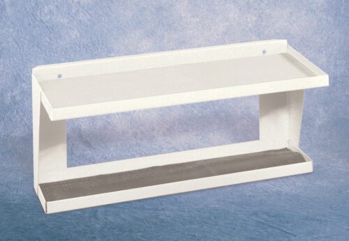 A white, rectangular, wall-mounted cat perch with a textured bottom shelf. It has a flat top surface and an open front and sides, against a light blue textured background.