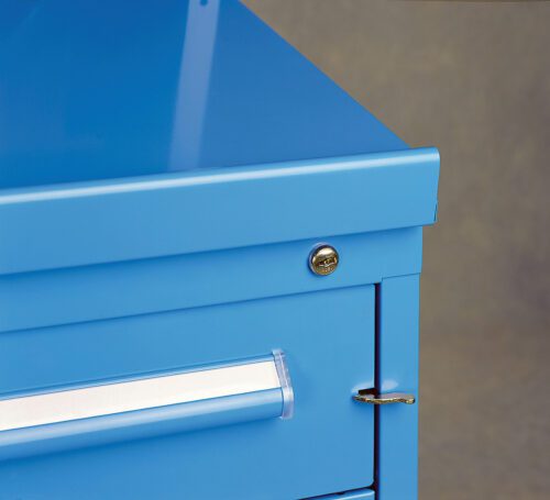 Close-up of a blue metal tool cabinet with a lock and handle. The focus is on the top corner, showing a key inserted into the lock. The background is plain and neutral.