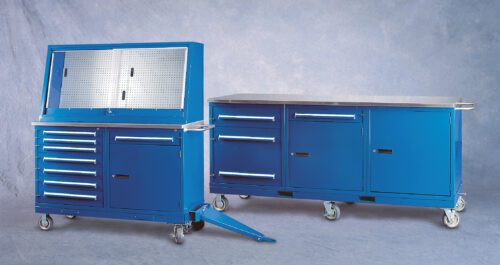 Two blue metal tool cabinets on wheels, set against a neutral backdrop. The left cabinet has multiple drawers and a perforated panel, while the right cabinet offers a stainless steel countertop and ample storage.