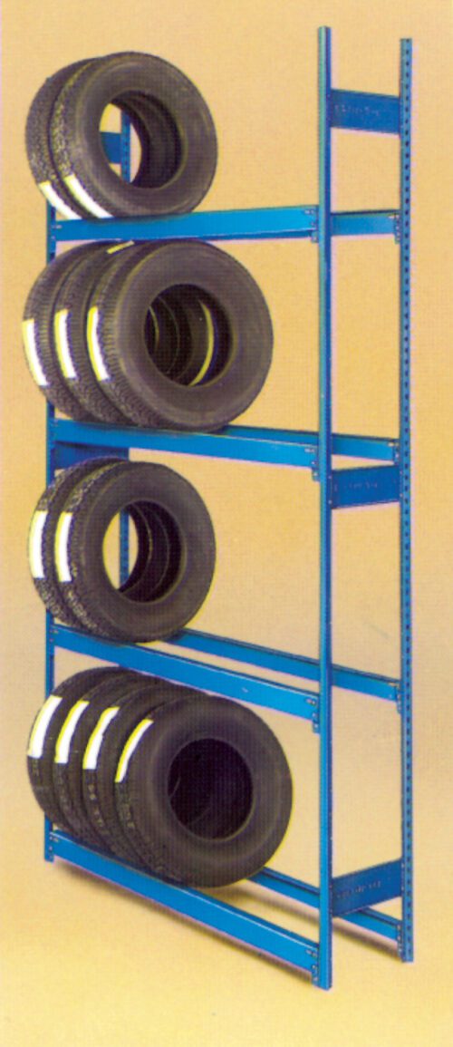 A blue metal rack holding three shelves of black tires. Each shelf contains several stacked tires, organized neatly. The background is a plain, light color.