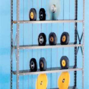 A metal shelving unit with multiple tiers, displaying various circular grinding wheels in different sizes and colors. The background is a solid light blue.