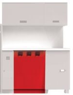 A white cabinet set with upper and lower storage sections. The lower section features a vivid red accent panel with three dark handles or switches. The cabinets have smooth, minimalist surfaces with no visible handles on the upper doors.
