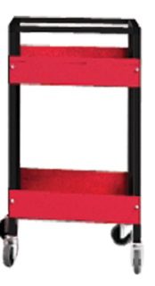Equiptobay20Service20Cart.jpg A red and black utility cart with two shelves and four wheels. The cart has a simple, rectangular design, with two horizontal red panels on each side. The wheels appear to be made of metal and rubber.