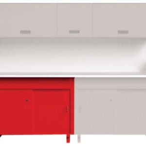 A modern kitchen cabinet setup with upper white cabinets and a lower counter featuring a mix of white and red sliding doors. The red section is on the left, adding a bold contrast to the clean white design.