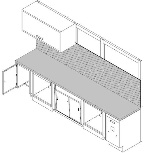 Illustration of a countertop setup with upper and lower cabinets. The lower cabinets have double doors, one open, and the upper cabinet is closed. The countertop is a long flat surface, and the design shows storage space.