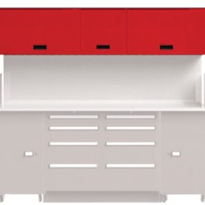 This white storage unit with slatted doors and two side compartments echoes the clean, modern aesthetic seen in stainless steel gowning benches. Above the central section, three red cabinets are mounted, adding a pop of color to its minimalist design.