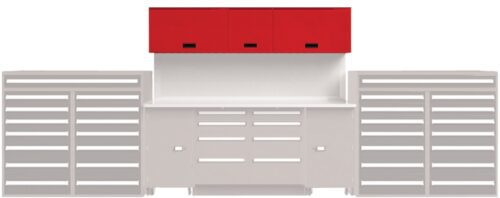 This white storage unit with slatted doors and two side compartments echoes the clean, modern aesthetic seen in stainless steel gowning benches. Above the central section, three red cabinets are mounted, adding a pop of color to its minimalist design.