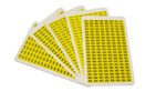 A fan of five playing cards displays MH-USA Complete Packs of Self-Adhesive Numbers, sized H.0.37 in. x W.0.24 in., in striking black on a bright yellow background, featuring the numbers 2, 3, 6, 7, 8, and 9 boldly.