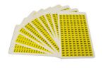 Nine cards fan out, displaying MH-USA Complete Packs of Self-Adhesive Letters. Each card features sheets of yellow paper with black capital letters A, B, C, D, R, S, P, T, and Z. Measuring H.0.37 in x W.0.24 in., these letters stand out vividly against the vibrant background.
