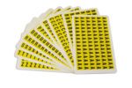 Explore the MH-USA Complete Packs of Self-Adhesive Letters, offering bold black letters on bright yellow backgrounds. Each fan-shaped sheet contains a repeated letter like A, C, L, P, Q, R, T, U, or Z. Dimensions: H.0.33 in x W.0.49 in—ideal for creative projects!.