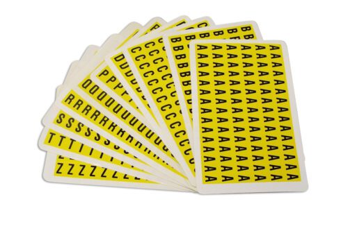 F220PACK20A-Z.jpg Explore the MH-USA Complete Packs of Self-Adhesive Letters, offering bold black letters on bright yellow backgrounds. Each fan-shaped sheet contains a repeated letter like A, C, L, P, Q, R, T, U, or Z. Dimensions: H.0.33 in x W.0.49 in—ideal for creative projects!.