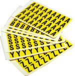 MH-USA Complete Packs of Self-Adhesive Letters, featuring black capital letters A, B, S, and Z on vibrant yellow sheets. Each letter measures H.0.55 in x W.0.75 in.