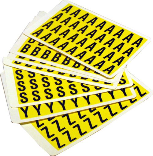 MH-USA Complete Packs of Self-Adhesive Letters, featuring black capital letters A, B, S, and Z on vibrant yellow sheets. Each letter measures H.0.55 in x W.0.75 in.