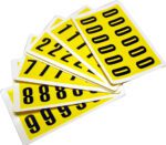 The MH-USA Complete Packs of Self-Adhesive Numbers in yellow include six fanned cards with numbers 0, 1, 2, 7, 8, and 9. The black digits measure H.0.83 in. x W.1.5 in., providing a striking contrast against the vibrant background.