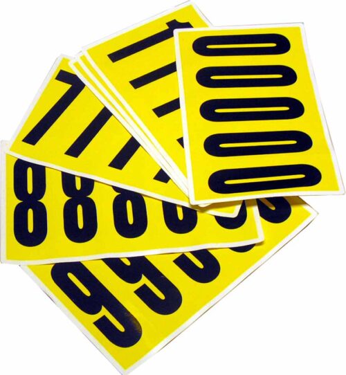 F720PACK200-9.jpg MH-USA Complete Packs of Self-Adhesive Numbers (H.1.77 in. x W.5.12 in.) feature bold black numbers, 0-9, in an overlapping design on yellow sticker sheets, blending style and practicality effortlessly.