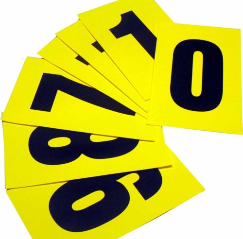 F820PACK200-9.jpg The MH-USA Complete Packs of Self-Adhesive Numbers include large black numbers from 0 to 10 on white cards, measuring H.5.51 in. x W.9.06 in., set against a vibrant yellow background for standout visibility.