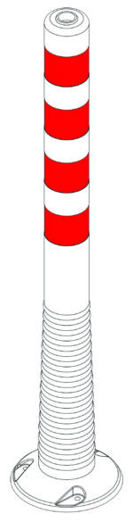 The MH-USA Flexi Delineator Post features red reflectors on a white post with alternating red and white stripes. It has a flared base, coiled texture on the lower part, and measures H.39.37 in. x W.3.15 in. x D.3.15 in., with two attachment points for enhanced visibility.